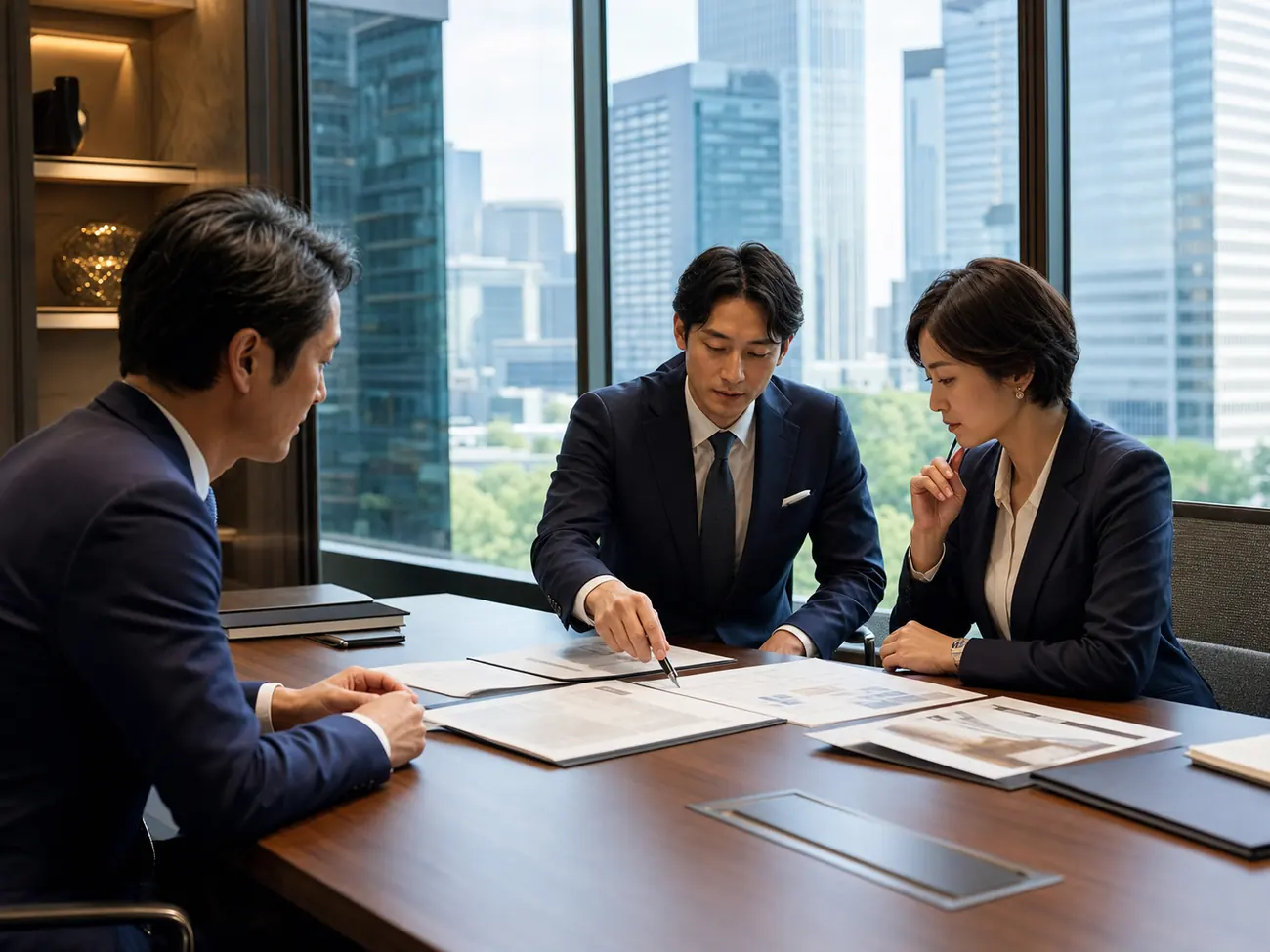 青山の会議室でM&A相談資料を確認する経営者とアドバイザー