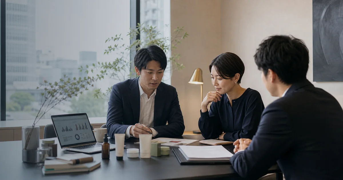 青山のD2CブランドM&AでEC資料と承継条件を確認する会議風景