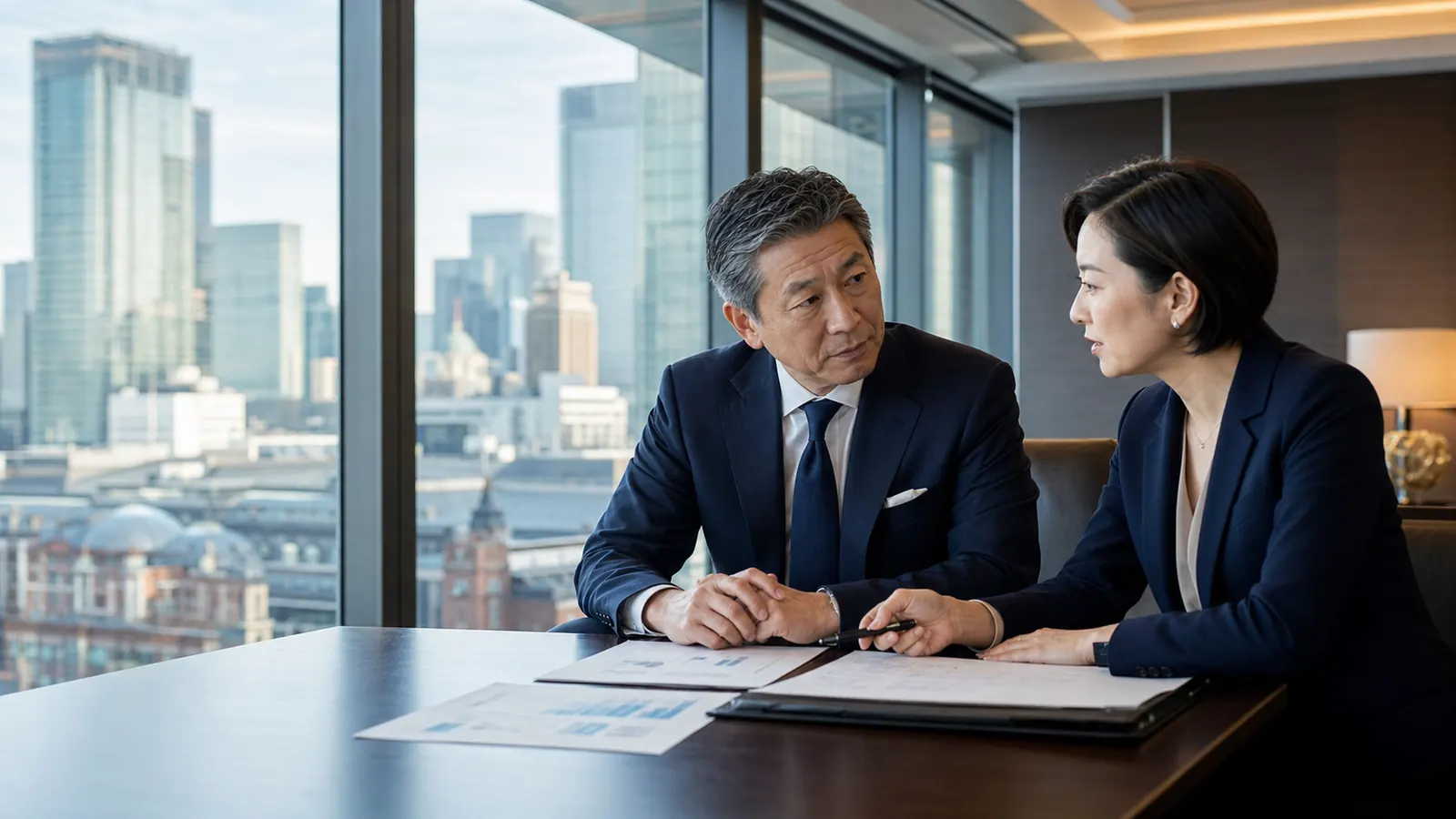 青山のオフィスで経営者とM&Aアドバイザーが相談している様子