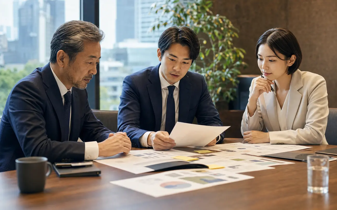 青山の会議室で会社承継の論点を整理する経営者とアドバイザー