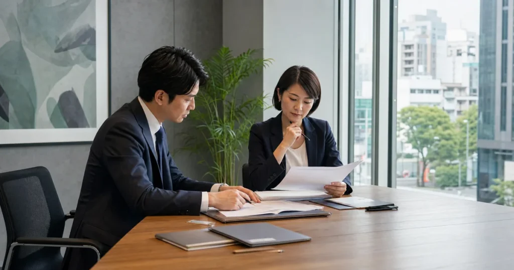 北青山の人材紹介会社M&Aで求人企業と候補者情報の承継資料を確認する会議風景