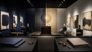 Shinwa Wise Holdings 株式交換による美術品オークション会社の統合を左右のギャラリーと木槌で表したイメージ