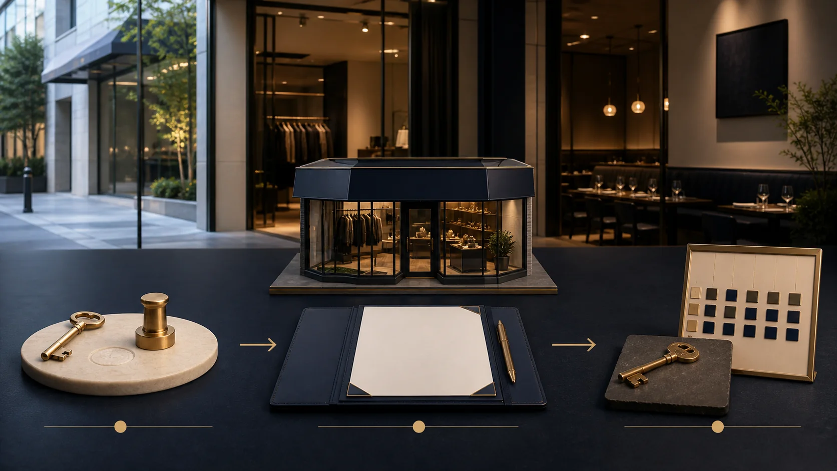 青山の店舗模型、白紙の賃貸借書類と二つの鍵を矢印で結んだクロージングのイメージ