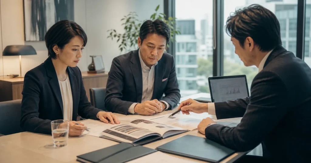 青山の映像制作会社M&Aで制作データと顧客契約を確認する会議風景