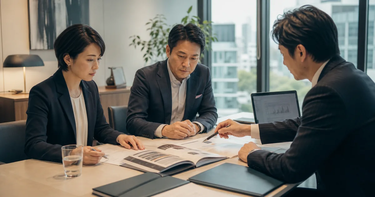 青山の映像制作会社M&Aで制作データと顧客契約を確認する会議風景