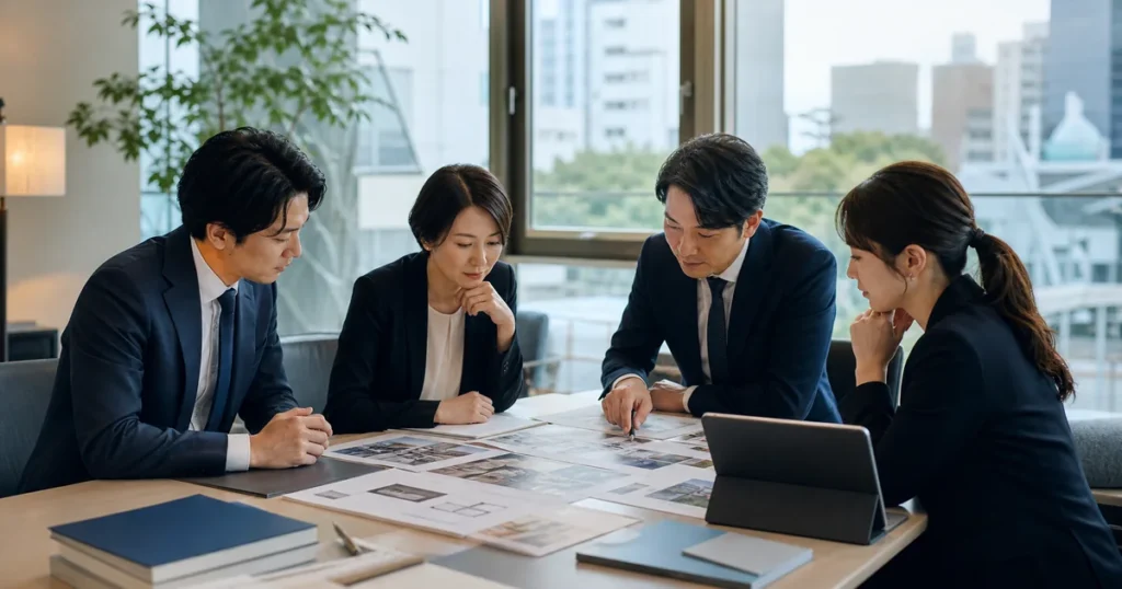 外苑前のイベント企画会社M&Aで企画書と協力会社契約を確認する会議風景