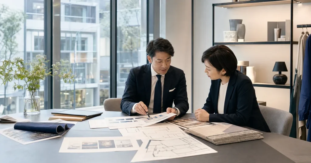 表参道の店舗・ショールームM&Aで賃貸借契約と固定客の承継資料を確認する会議風景