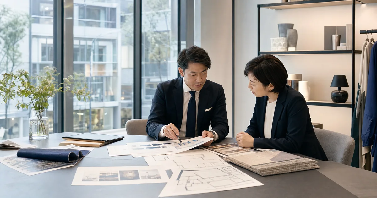 表参道の店舗・ショールームM&Aで賃貸借契約と固定客の承継資料を確認する会議風景