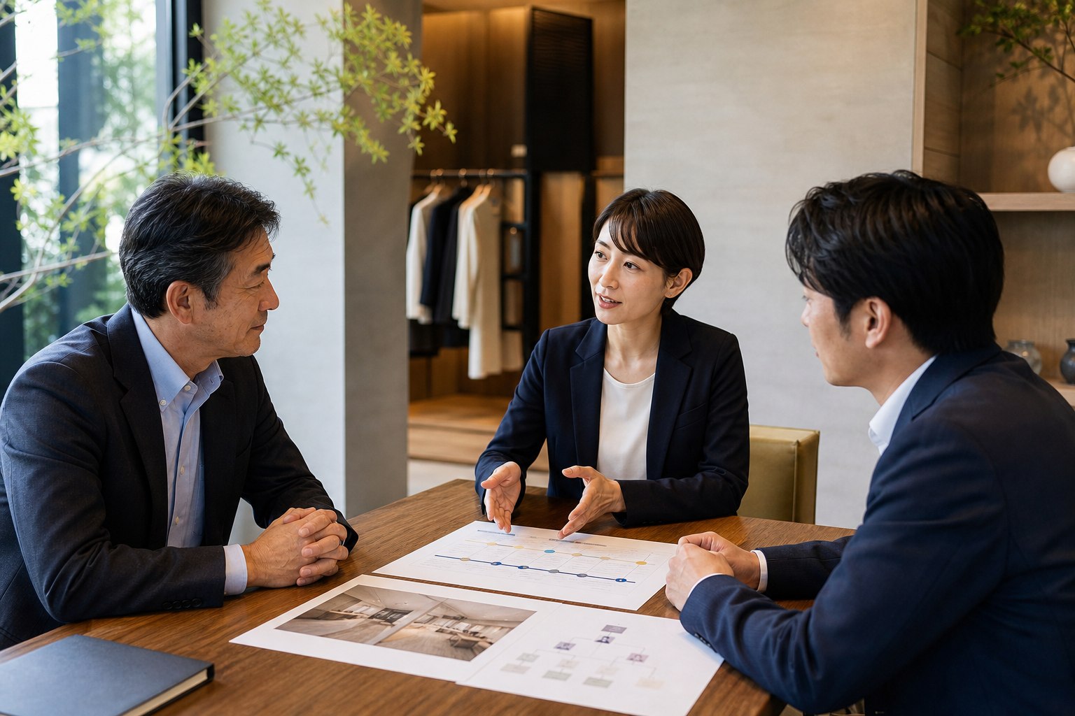 譲渡企業、譲受候補、M&Aアドバイザーが従業員やブランドの引き継ぎ計画を確認する様子