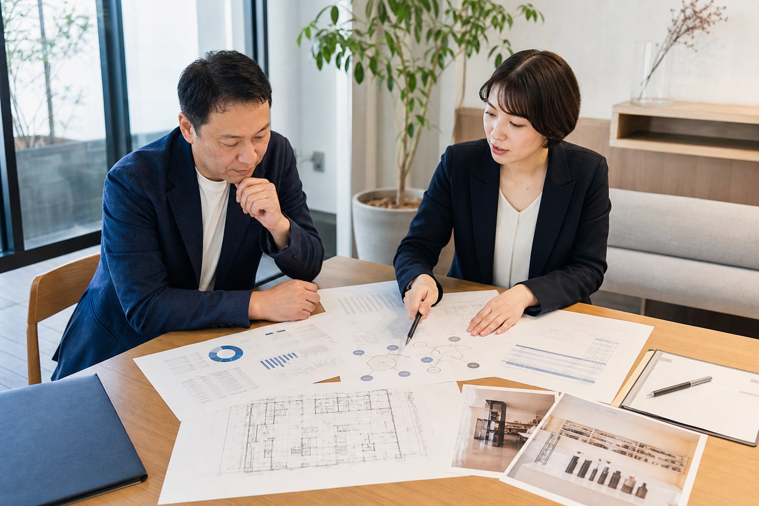 経営者とM&Aアドバイザーが財務・顧客・スタッフ・賃貸借の資料を確認する様子